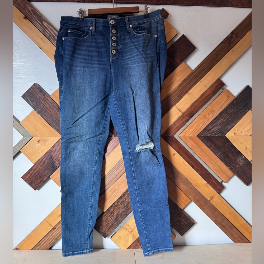 Torrid Bombshell Skinny Blue Jeans with Distressed Detail